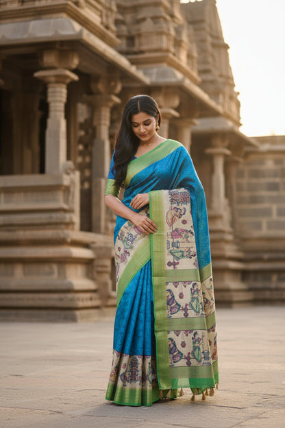 Woman in a blue and green saree standing in front of an architectural structure.