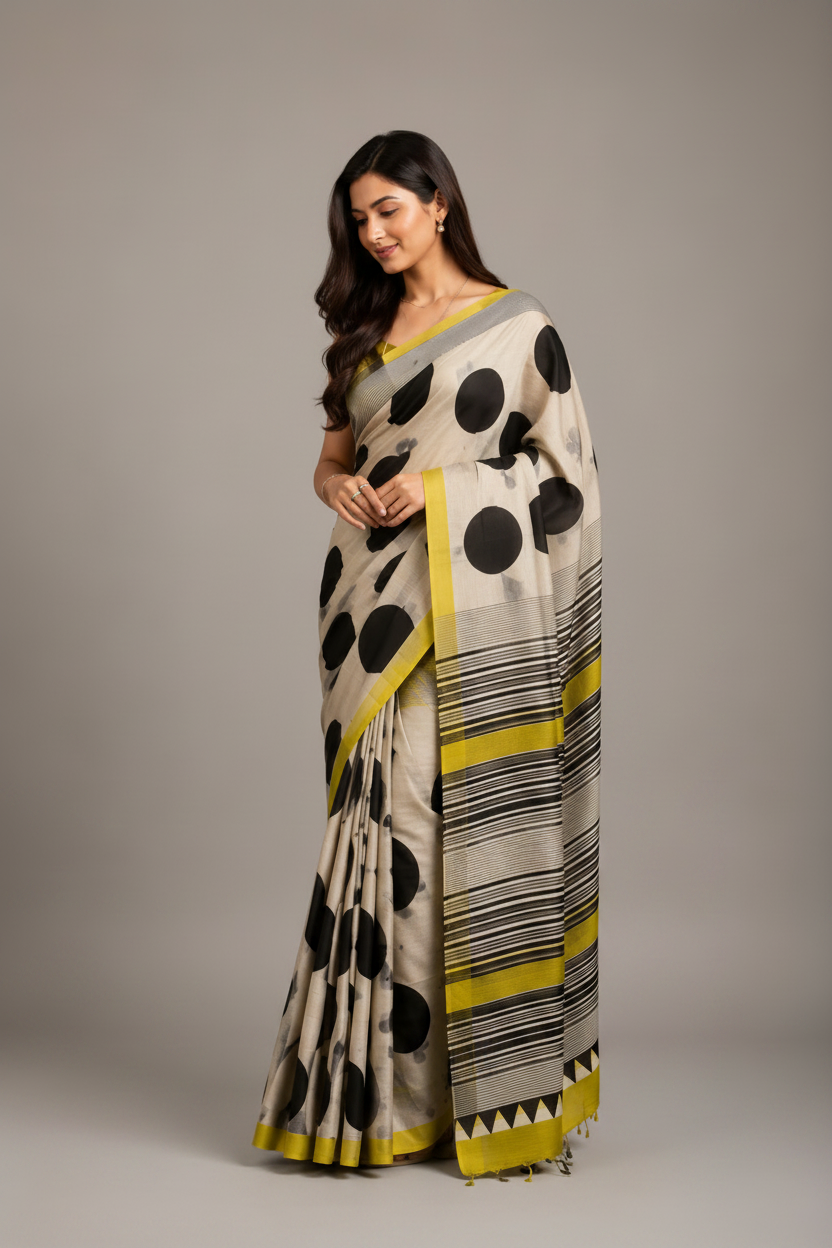 Woman wearing a saree with black polka dots and yellow stripes on a plain background