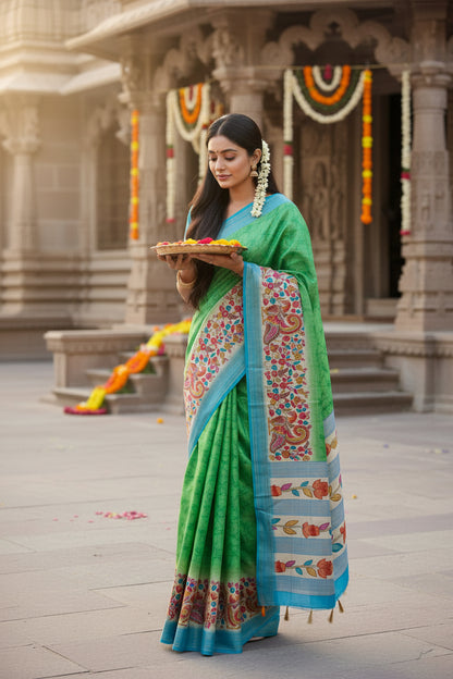 Woman in a green and blue saree with floral patterns in front of an architectural background.