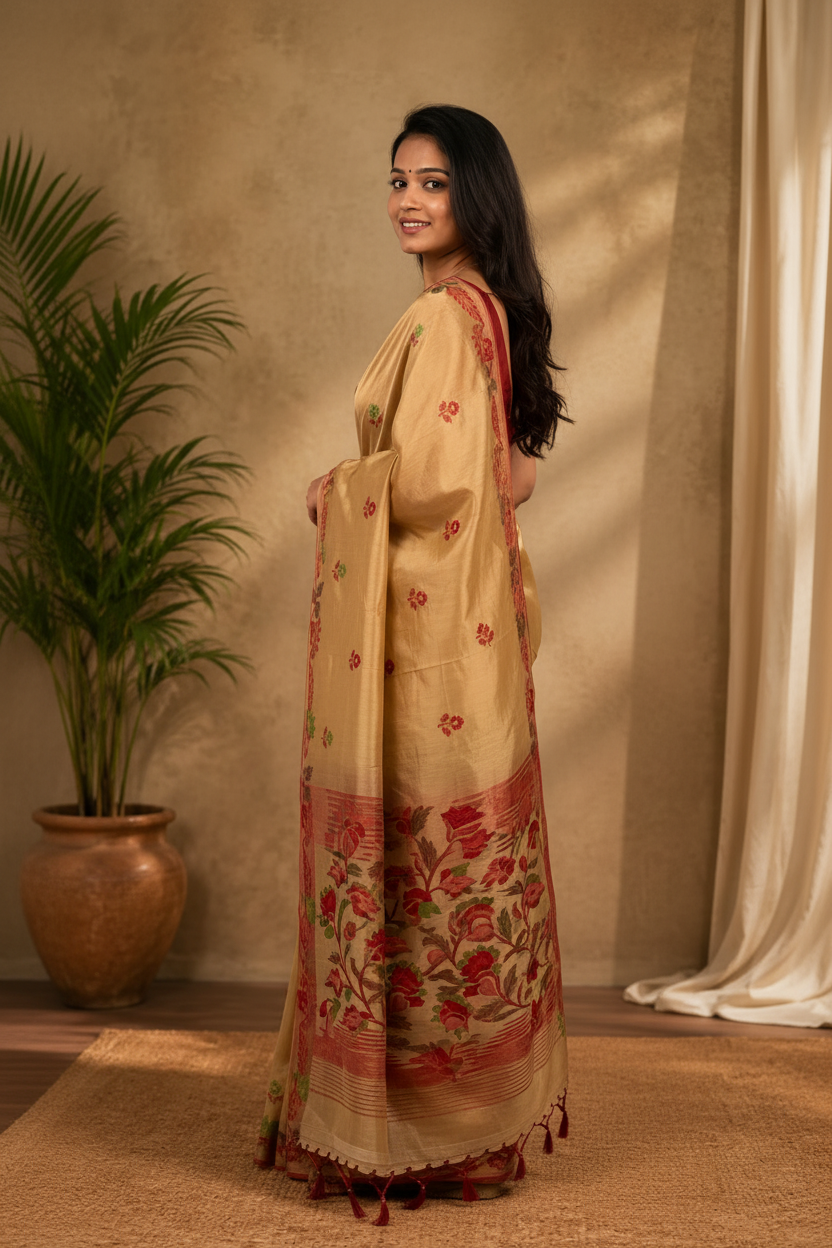 Woman wearing a beige saree with floral patterns in a room with a plant and curtain.