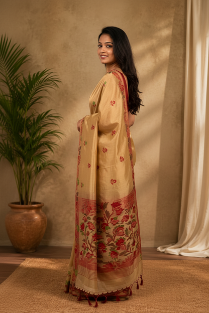 Woman wearing a beige saree with floral patterns in a room with a plant and curtain.