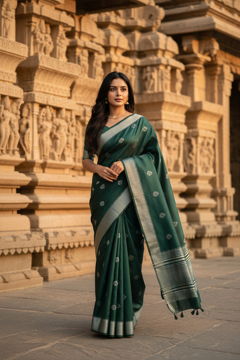 Woman in a green saree standing in front of an architectural structure.