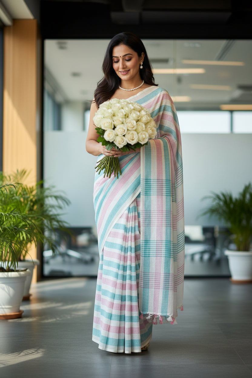 Woman in a colorful saree standing in an indoor setting with plants and a large window.