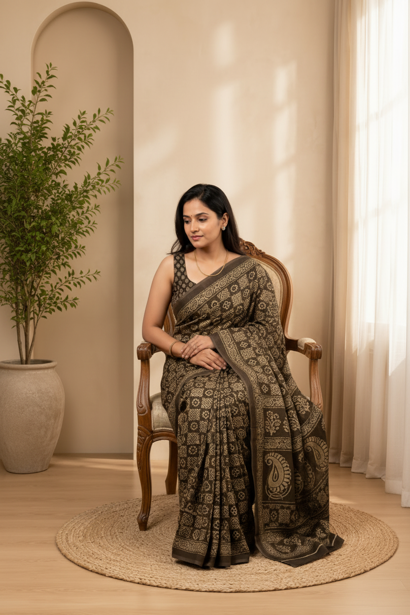 Woman in a saree sitting on a chair in a room with a plant and curtains.