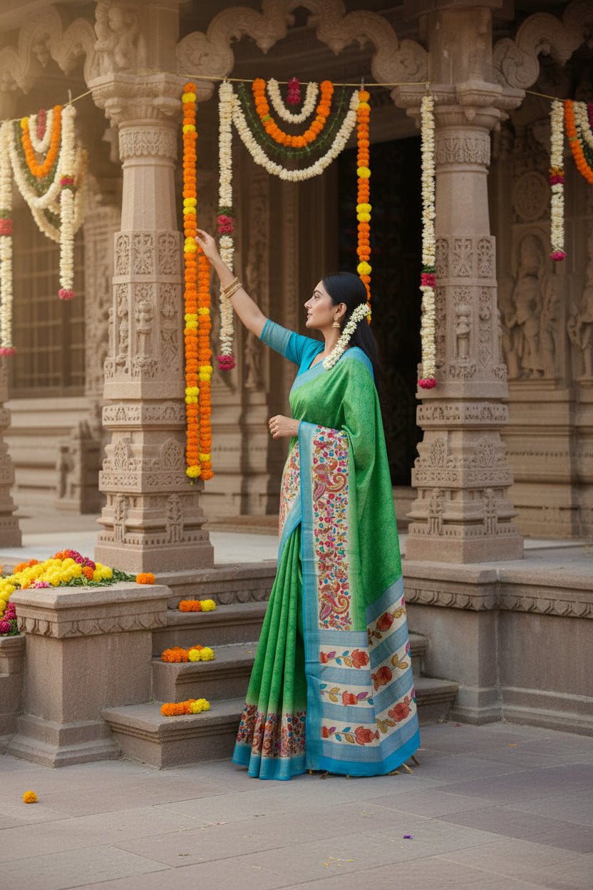 Woman in a green and blue saree with floral patterns in front of an architectural background.
