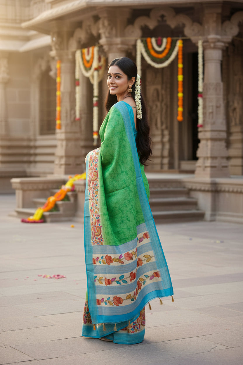 Woman in a green and blue saree with floral patterns in front of an architectural background.