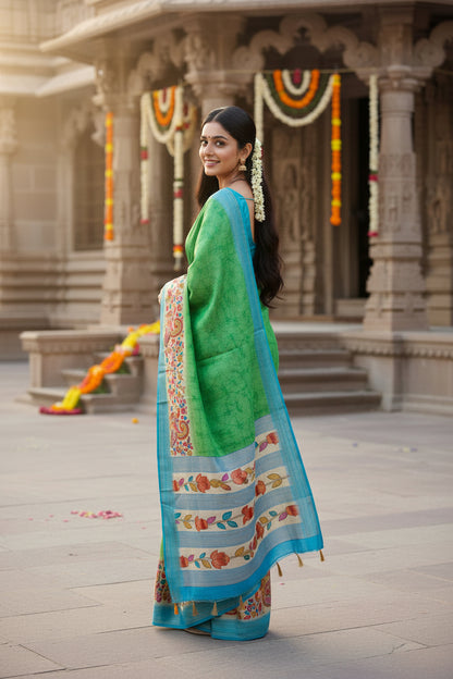 Woman in a green and blue saree with floral patterns in front of an architectural background.