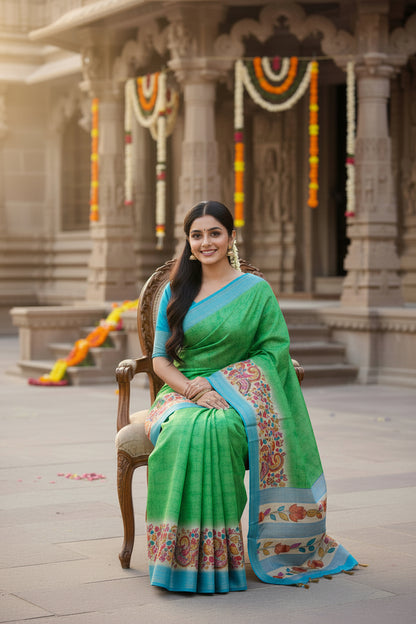 Heritage Bloom Green Kalamkari Saree with Artistic Floral Border