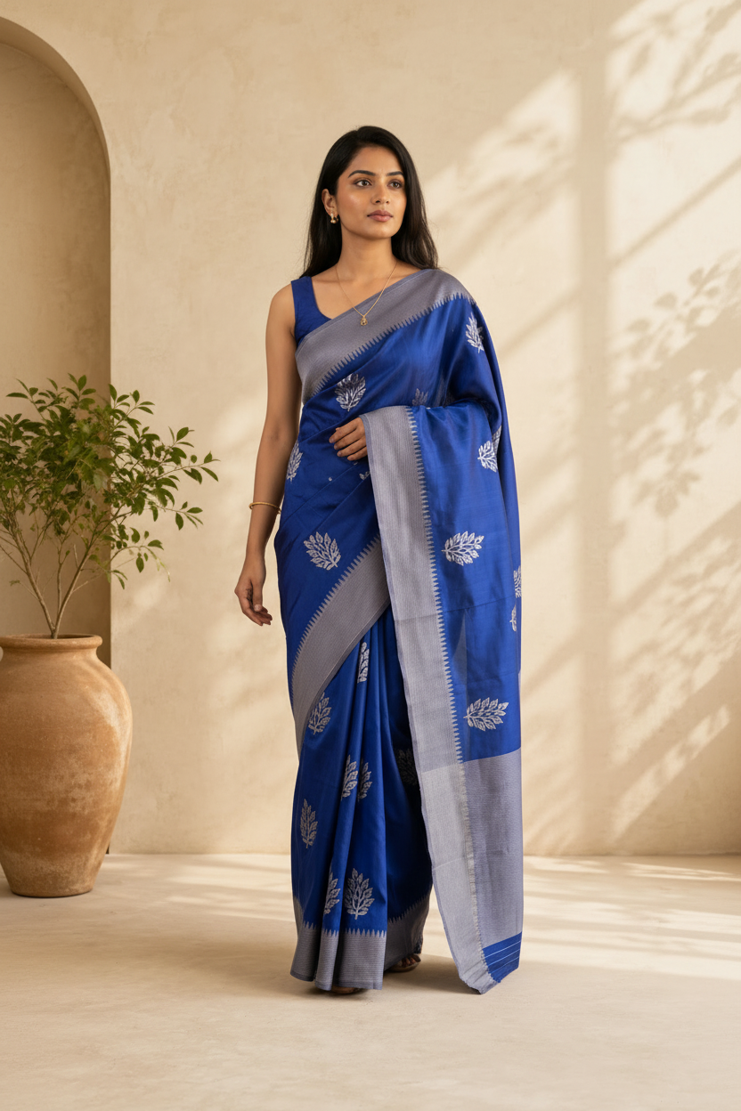Woman wearing a blue saree with a grey border indoors