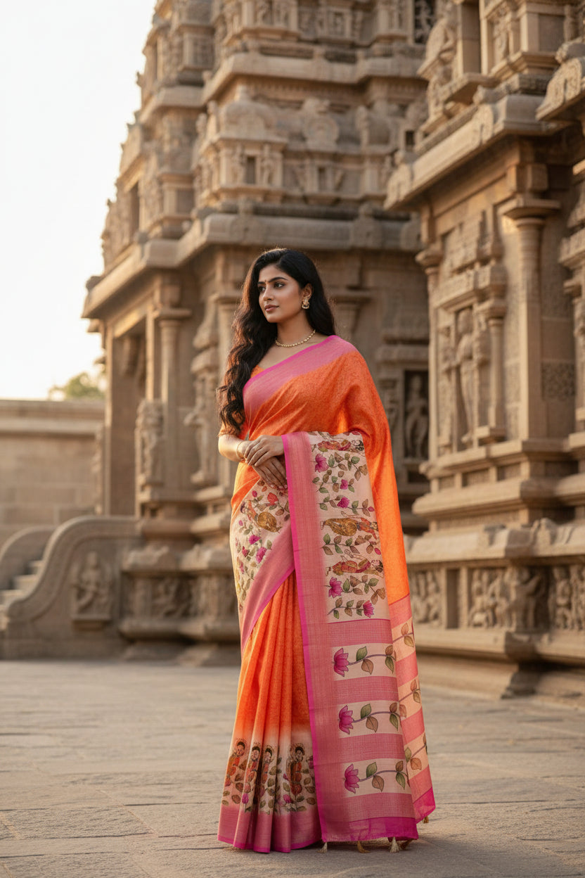 Saree with floral and bird patterns on a white background