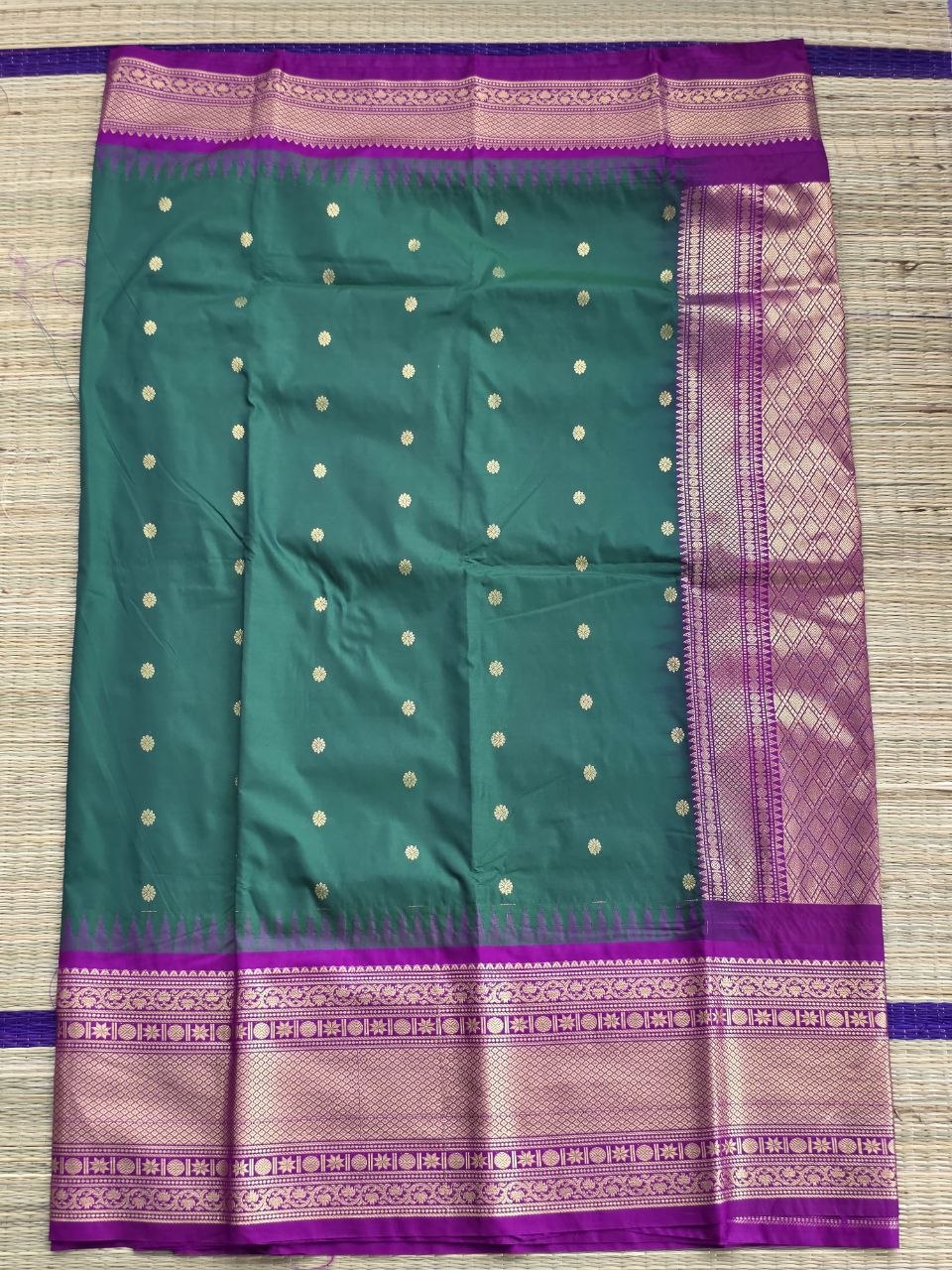Heritage Weave Premium Semi Gadwal Saree – Bottle Green & Magenta Purple