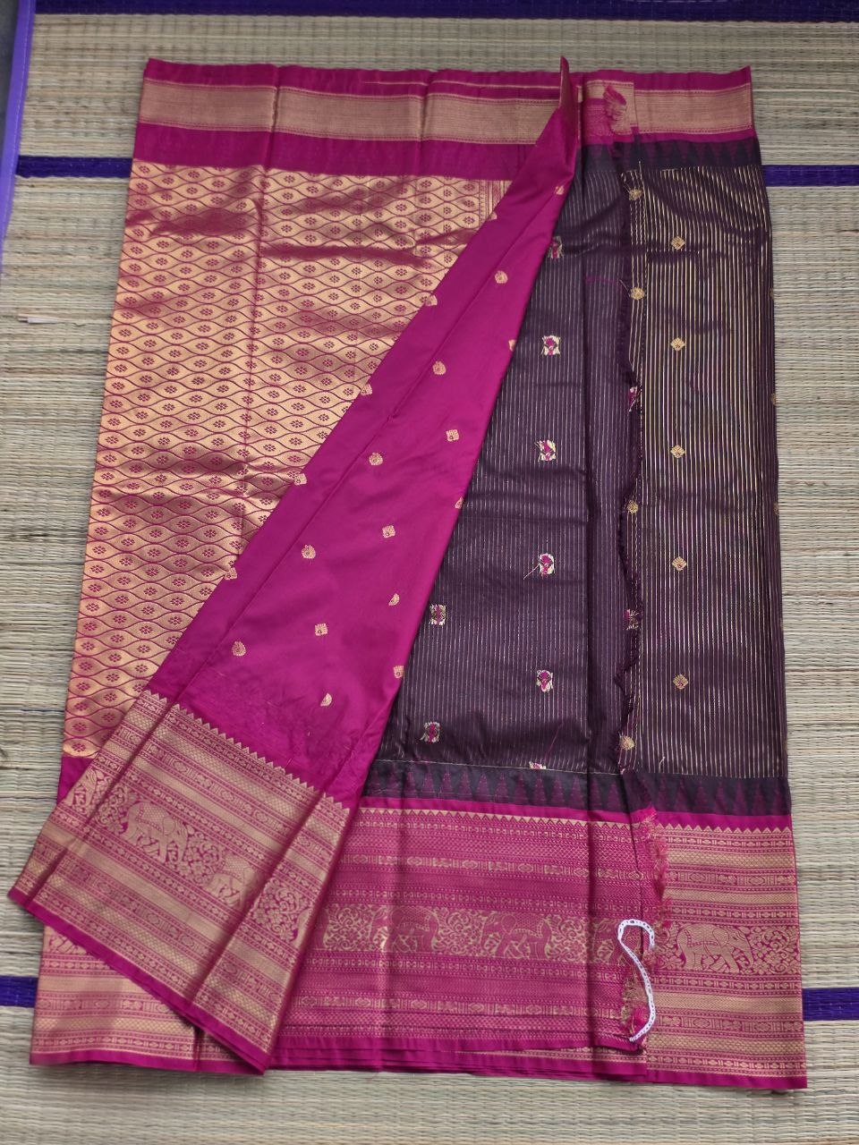 Heritage Weave Premium Semi Gadwal Saree – Brown & Pink