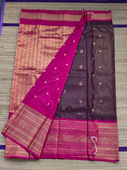 Heritage Weave Premium Semi Gadwal Saree – Brown & Pink