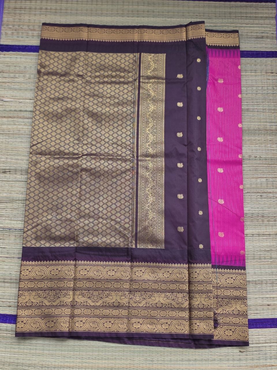 Heritage Weave Premium Semi Gadwal Saree – Rani Pink & Dark Brown