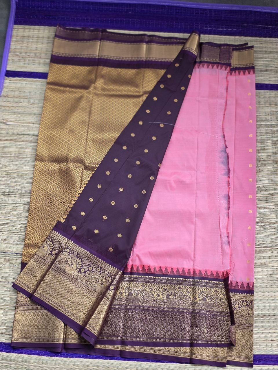 Heritage Weave Premium Semi Gadwal Saree – Salmon Pink & Deep Plum