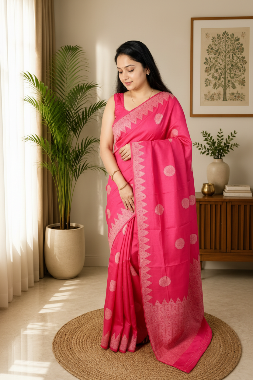 Woman in a bright pink saree with white patterns standing in a room with plants and decor.