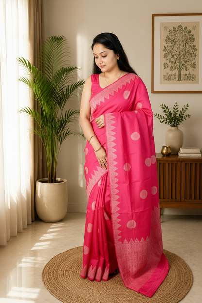 Woman in a bright pink saree with white patterns standing in a room with plants and decor.
