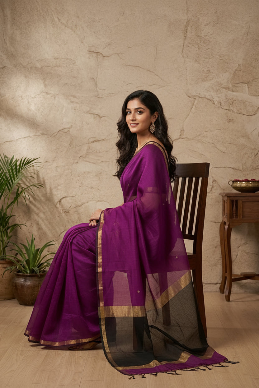 Woman wearing a purple saree with a gold border against a beige stone wall.