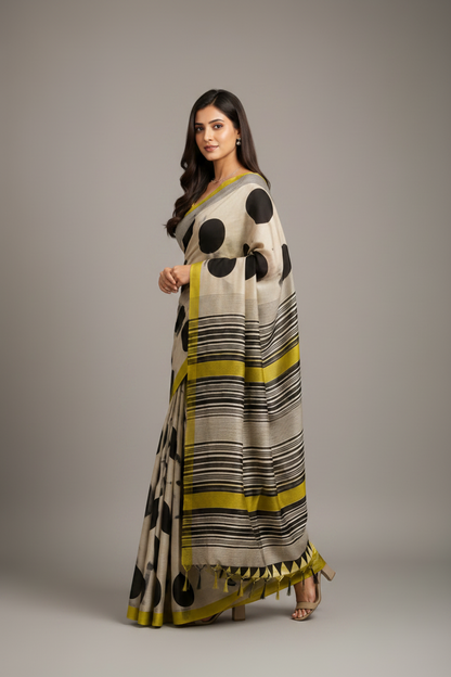 Woman wearing a patterned saree with a neutral background