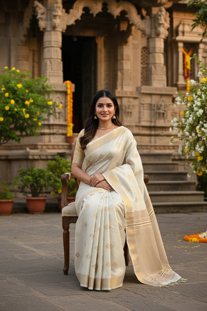 Ivory White Raw Silk Saree with Gold Zari Buttas, Rich Border & Tassels