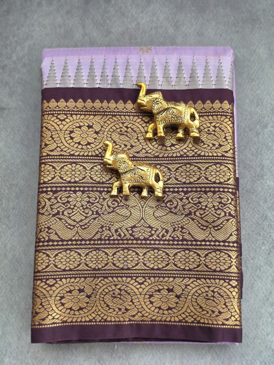 Lavender Luxe Premium Semi Gadwal Saree – Deep Brown Contrast