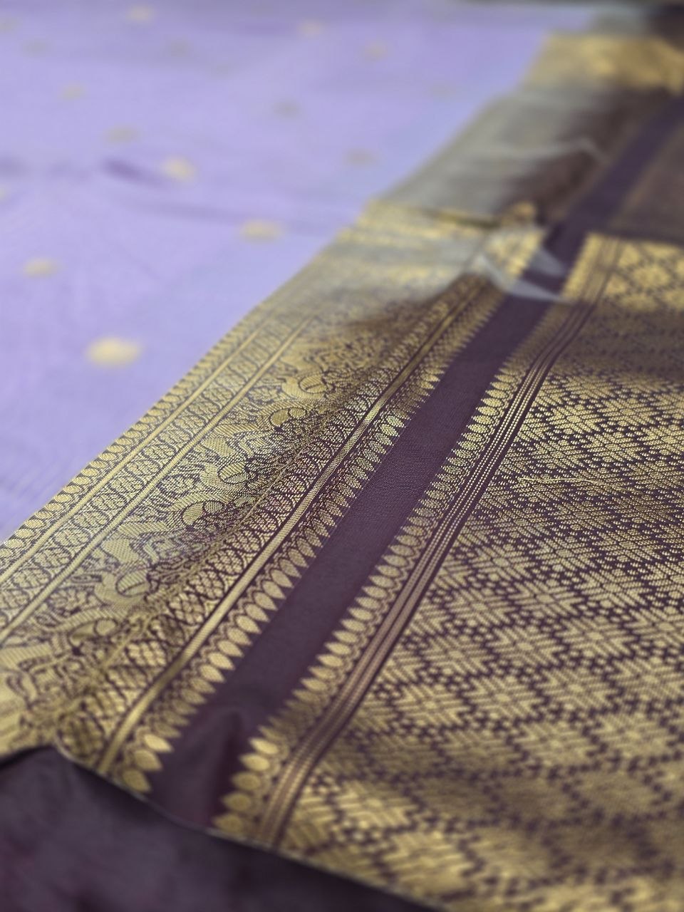 Lavender Mist Premium Semi Gadwal Saree with Deep Brown Border