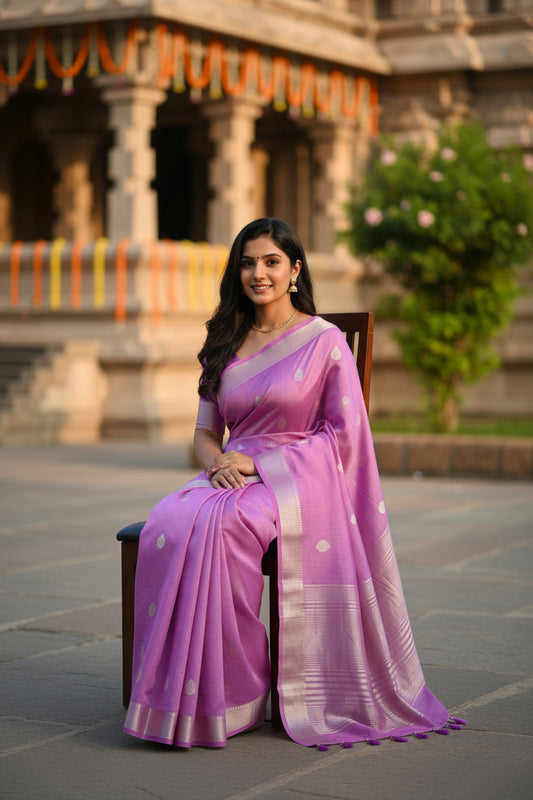 Lavender Pink Raw Silk Saree with Silver Zari Buttas, Border & Tassels