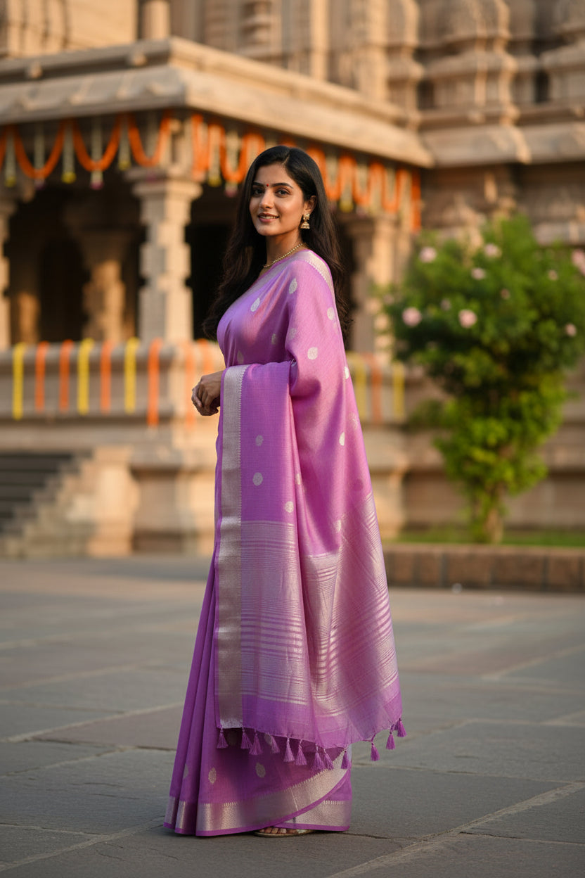 Woman in a purple saree standing in front of a building with decorative elements.