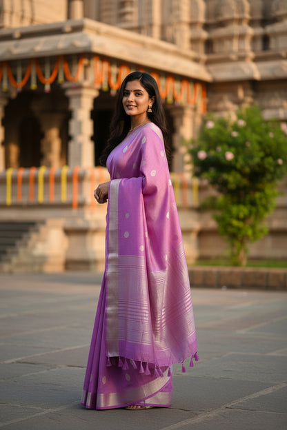 Woman in a purple saree standing in front of a building with decorative elements.