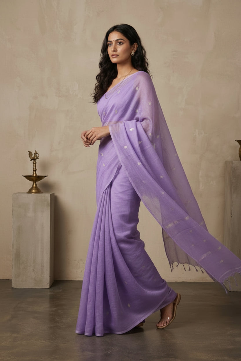 Woman wearing a lavender saree with a plain background