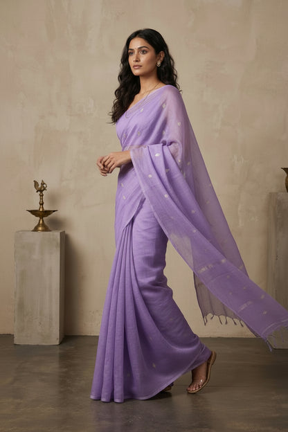 Woman wearing a lavender saree with a plain background