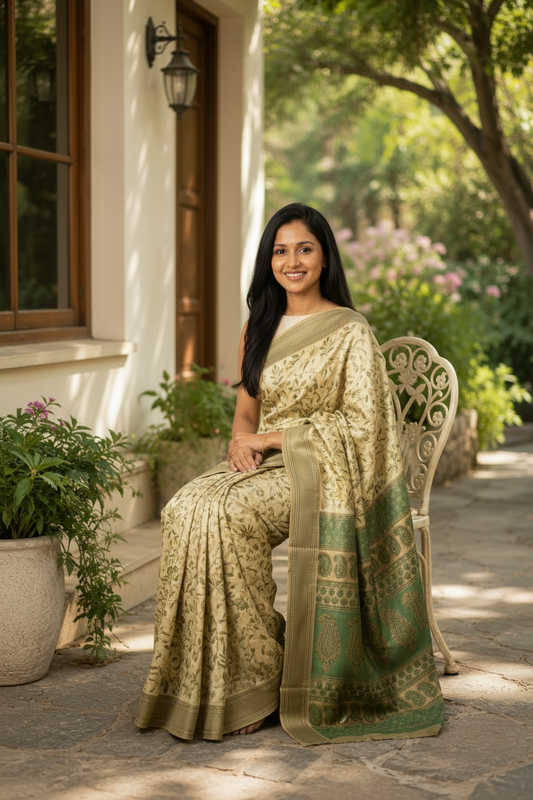 A woman stands outdoors on a stone walkway wearing a light beige and olive green patterned saree with a matching blouse. The background shows a building exterior with potted plants and greenery.