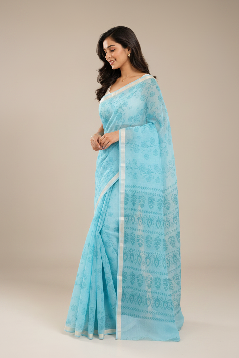 A woman modeling a light blue saree with white border details and a matching white blouse, standing against a solid beige studio background.