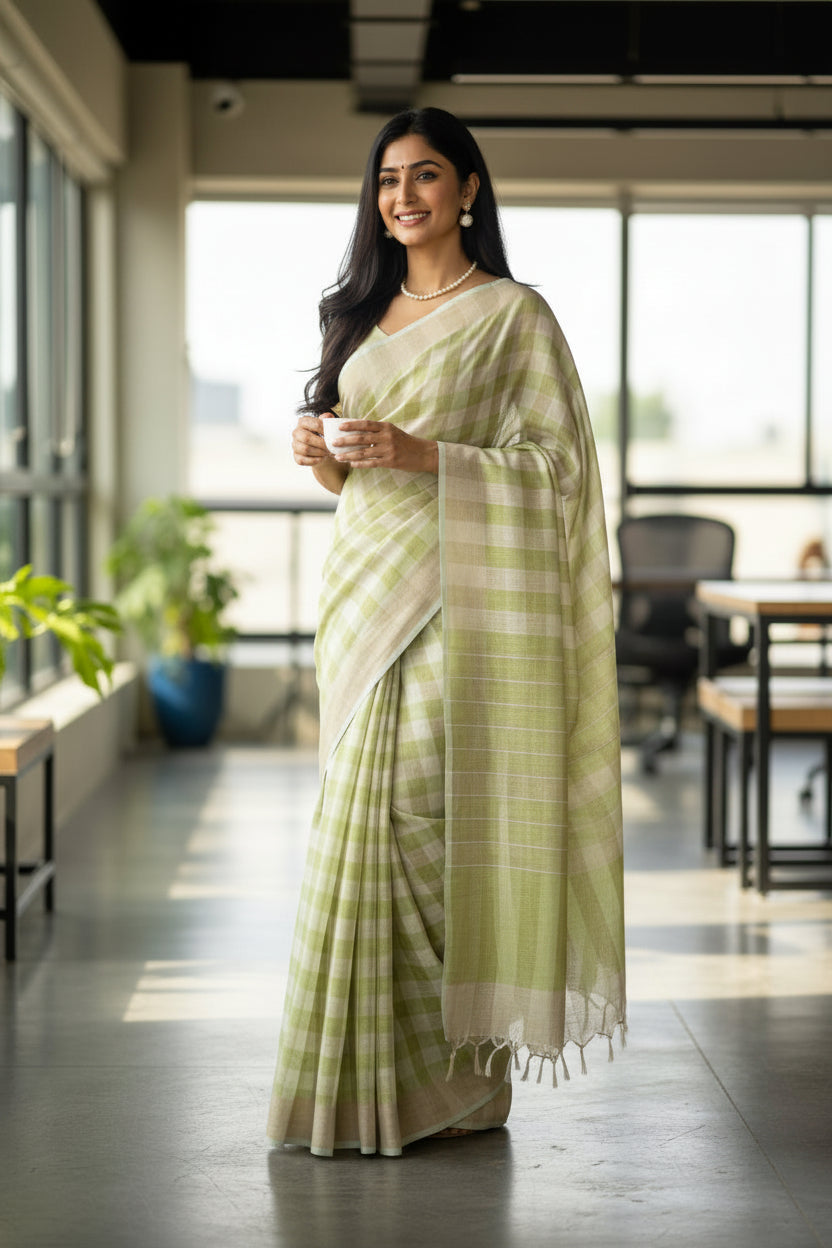 Woman in a light green saree standing in an indoor setting with large windows.