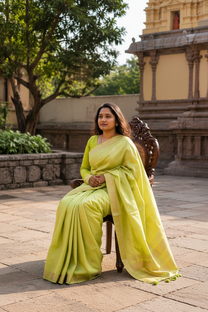 A woman wearing a bright yellow-green silk saree sits on a carved wooden chair in an outdoor courtyard with stone flooring and a temple structure in the background.