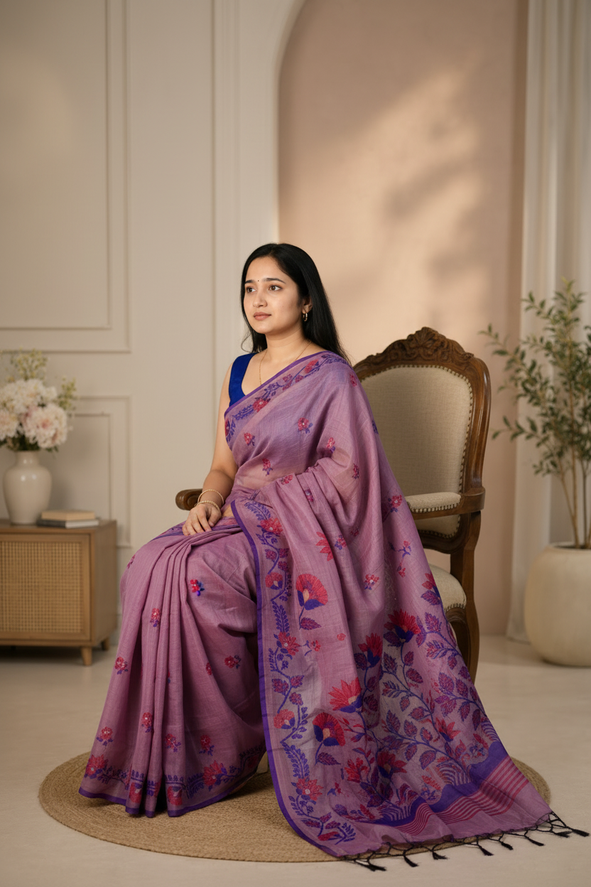 Woman in a purple saree sitting on a chair in a well-lit room with decorative elements.