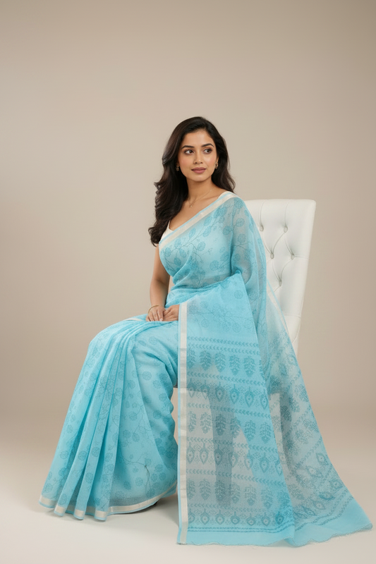 A woman modeling a light blue saree with white border details and a matching white blouse, standing against a solid beige studio background.