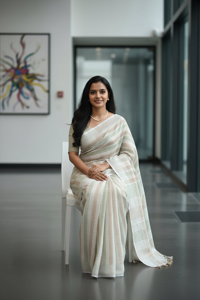 Pastel Beige & Sage Green Striped Linen Saree with Handwoven Pallu and Tassels