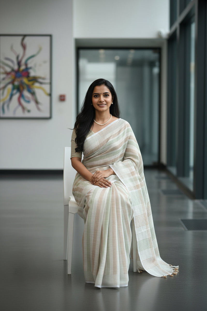 Pastel Beige & Sage Green Striped Linen Saree with Handwoven Pallu and Tassels