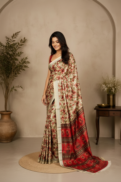 A woman models a traditional Indian saree in a styled indoor setting with a beige arched wall, potted plants, and a small wooden table. The saree features a beige base with a red and green floral pattern, a red border with gold motifs, and a white border.