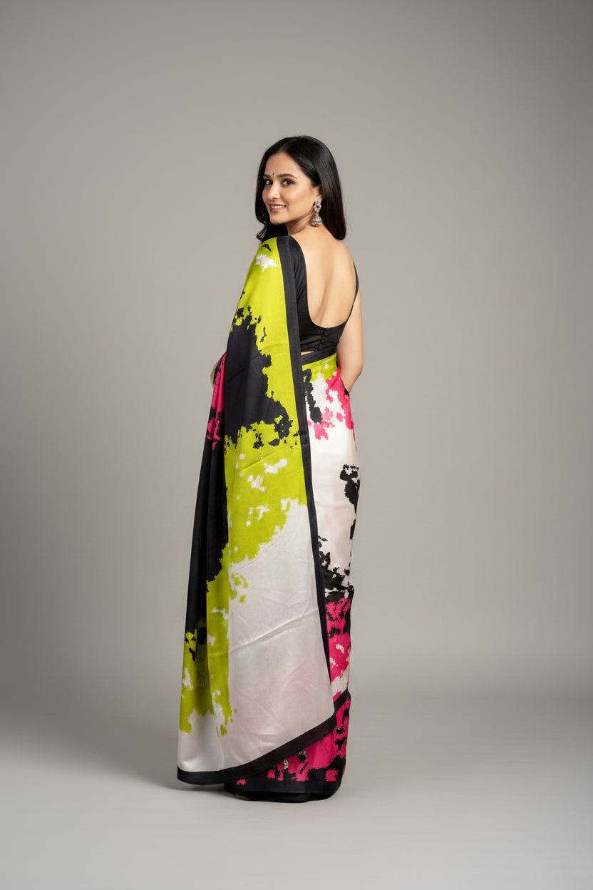 Woman wearing a colorful saree with a gradient design on a plain background