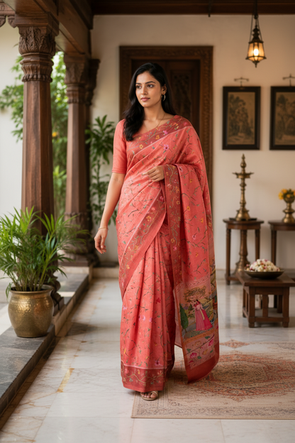 Woman in a pink saree standing in a traditional setting with decor elements.