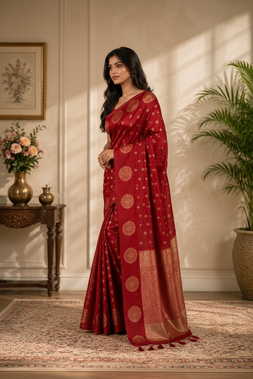 Woman in a red saree with gold patterns standing in a room with decorative elements.