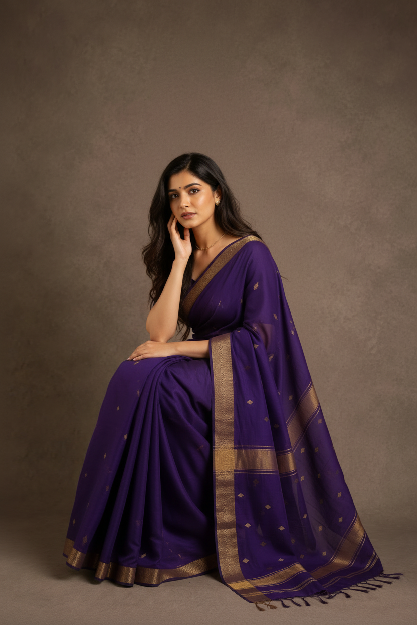 Woman wearing a purple saree with a brown border against a gray background