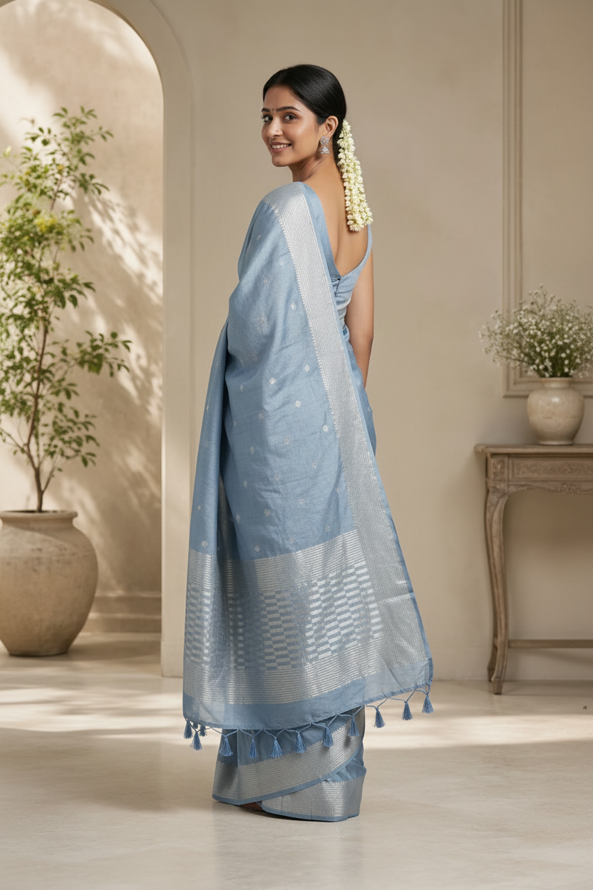 Woman in a light blue saree standing in a room with decorative elements.
