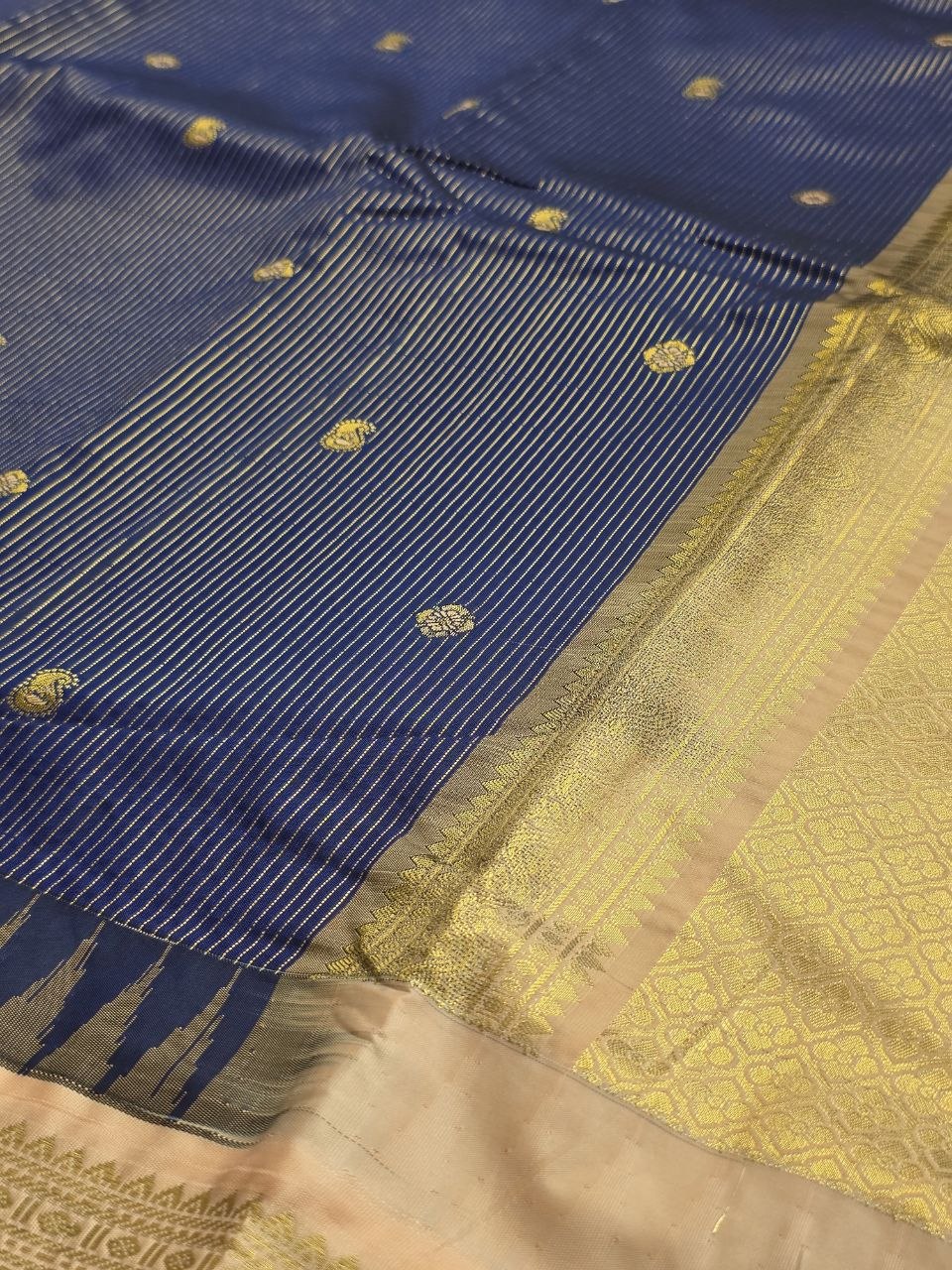 Luxury Royal Blue & Peach Premium Semi Gadwal Saree