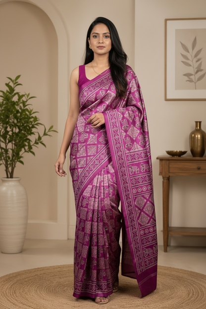 Woman wearing a purple saree with a white pattern in a room with a plant and wooden table.