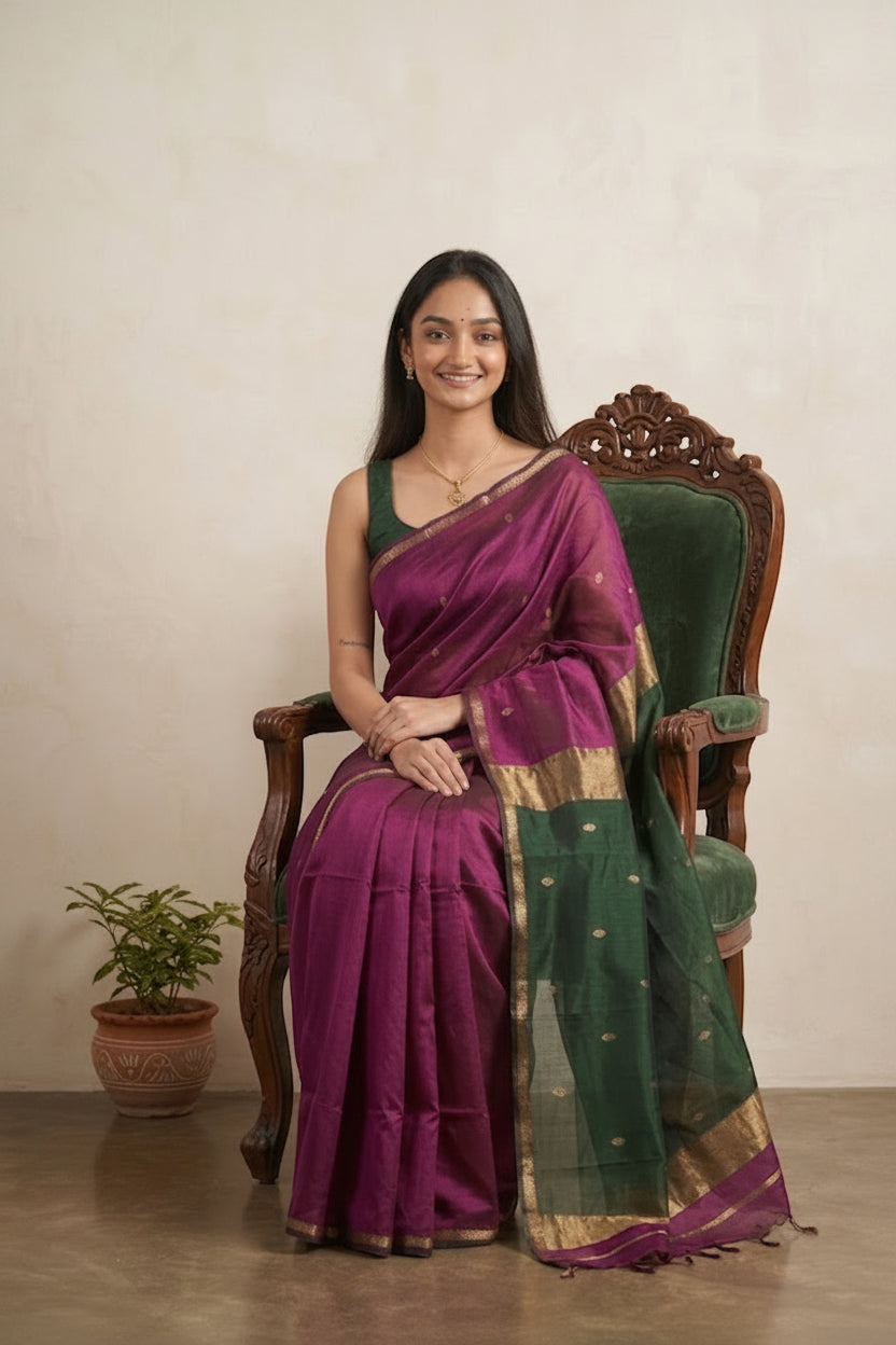 Woman in a purple and green saree sitting on a wooden chair with a plant in the background.