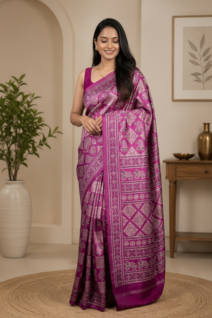 Woman wearing a pink saree with a pattern in a room with a plant and wooden table.