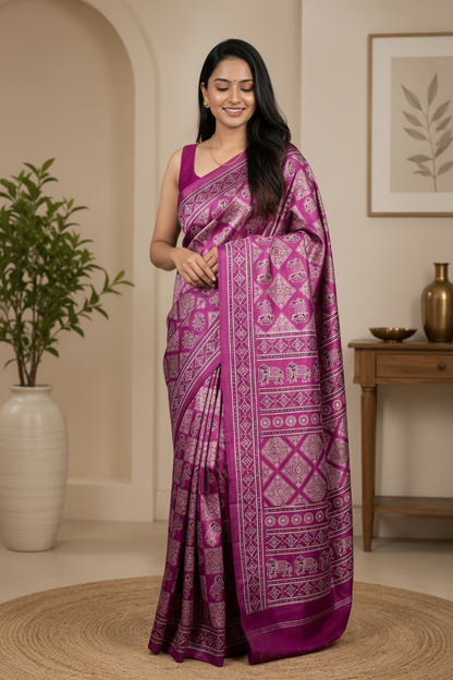 Woman wearing a pink saree with a pattern in a room with a plant and wooden table.